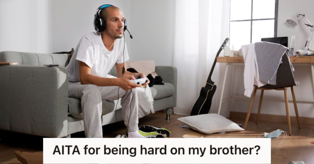 Man with headphones playing video games in a dirty room
