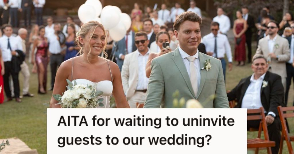 Bride and groom on their wedding day with guests at the background