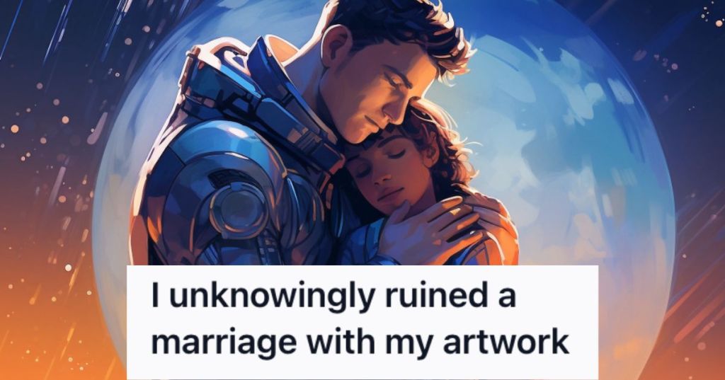 Animated artwork of man and woman hugging