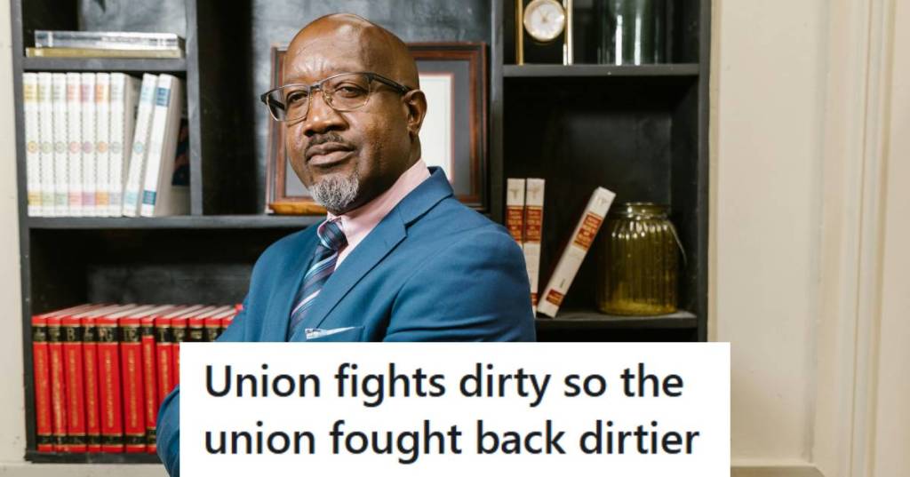Union member crossing his arms because he's satisfied with his coup