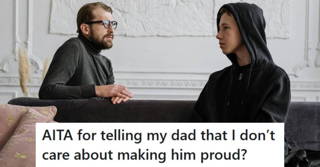 Father and son talking but not seeing eye to eye in the living room