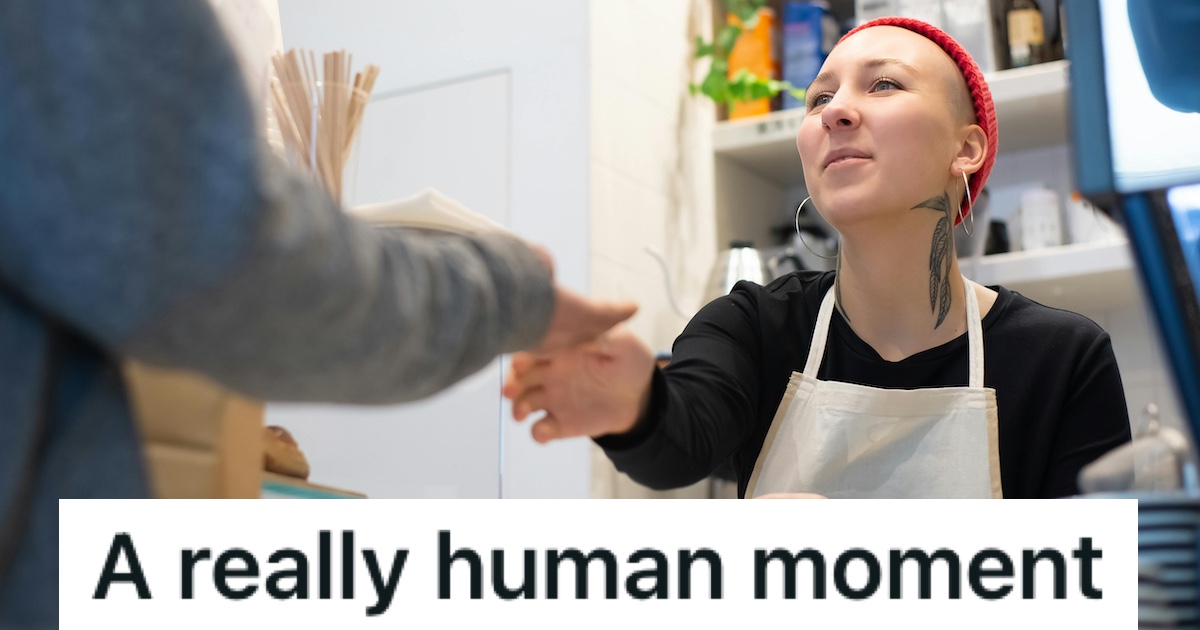 A retail worker serving a customer