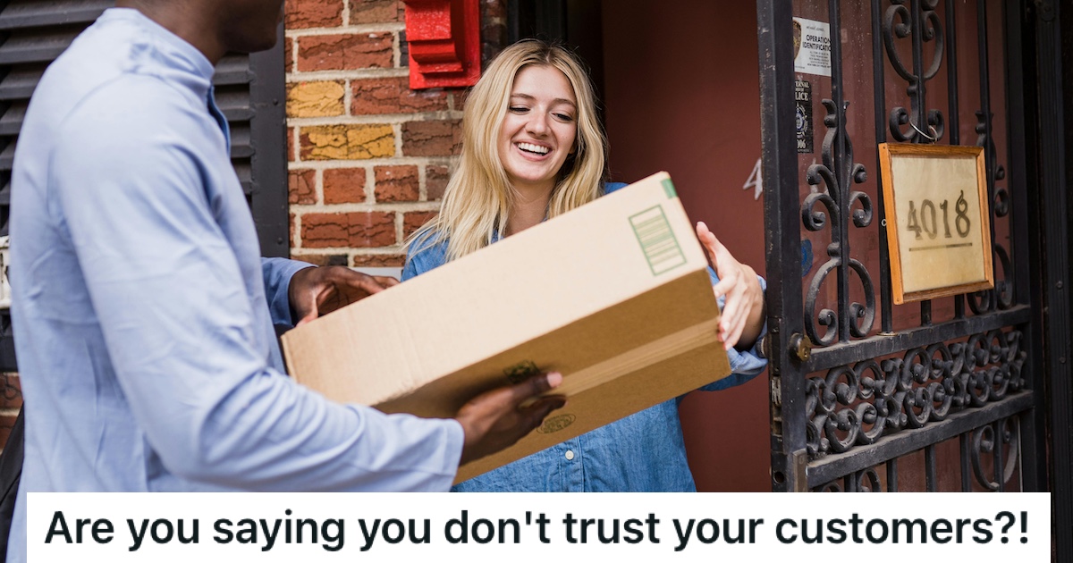 A woman receiving a parcel delivery