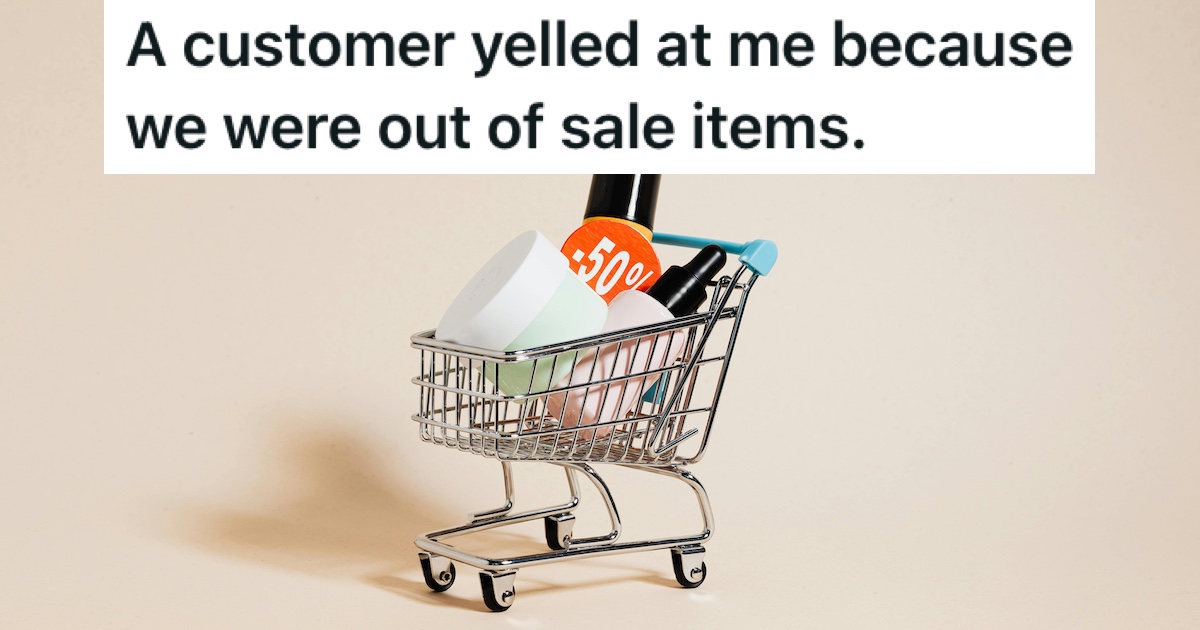 Mini shopping trolley filled with cosmetics and a 50% off token