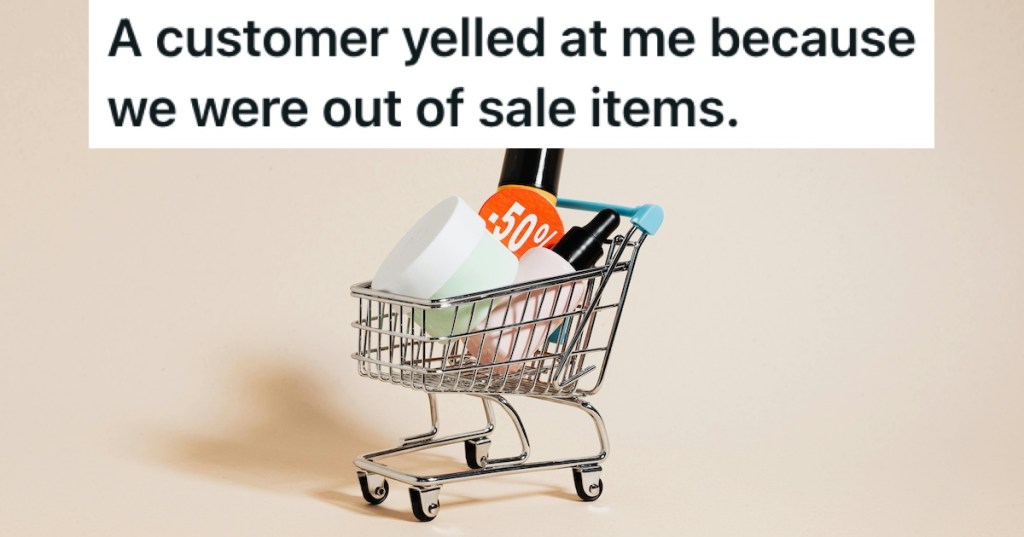 Mini shopping trolley filled with cosmetics and a 50% off token