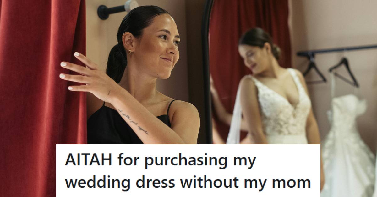 Woman trying on a wedding dress as the employee closes the curtain