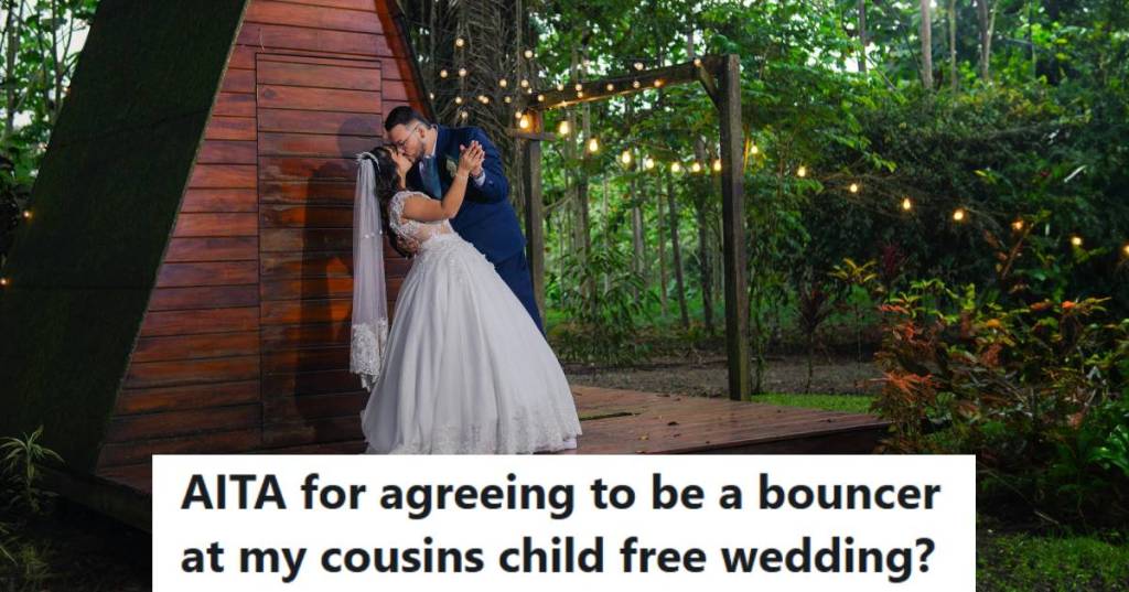 Man and woman embrace each other on the stage at their small wedding