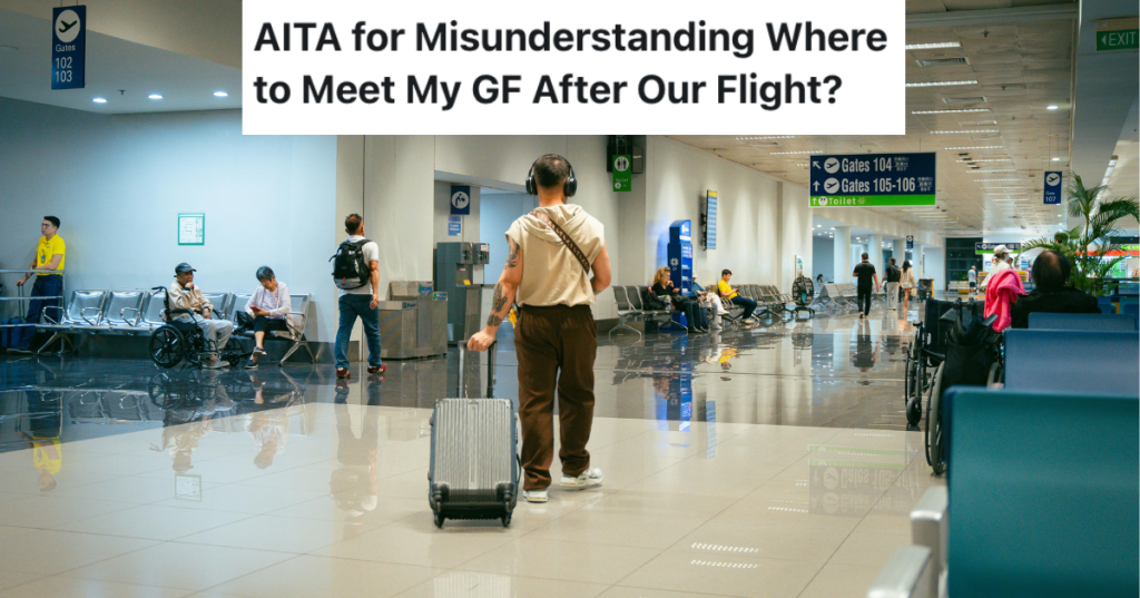 man walking through airport with suitcase