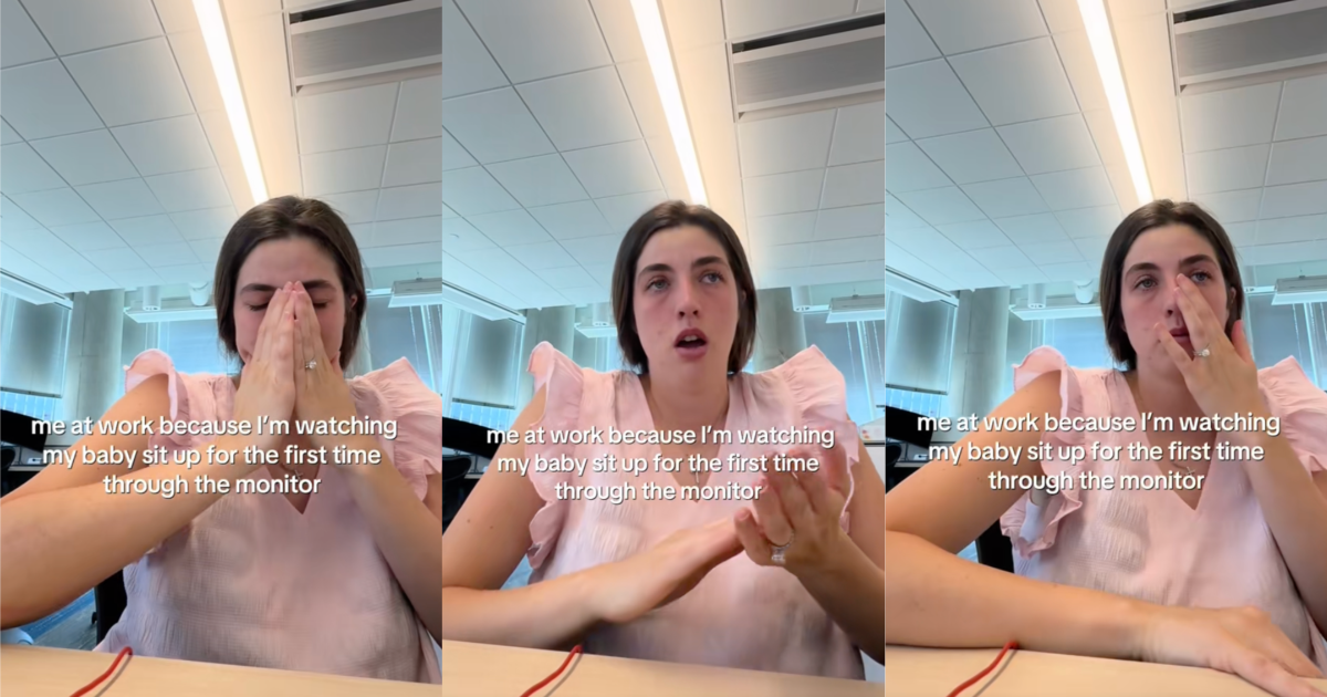 A Working Mom Got Emotional When She Saw Her Baby Sit Up For The First Time Through Her Baby Monitor woman crying at her desk