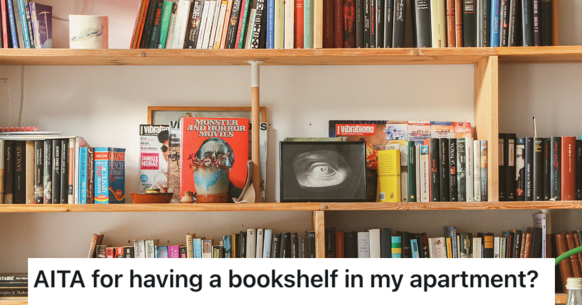 Her Roommates Think Her Bookshelf Is A Safety Hazard, So They Reported Her To The Apartment Manager bookshelf with books, records, and decorations.