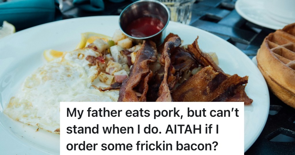 plate of bacon and eggs with ketchup