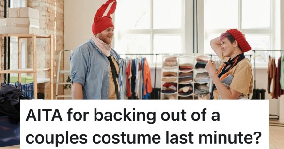 couples costume, couple smiling at each other getting dressed