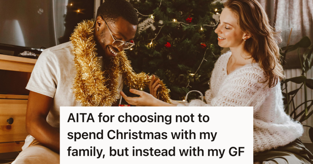 couple in front of the christmas tree