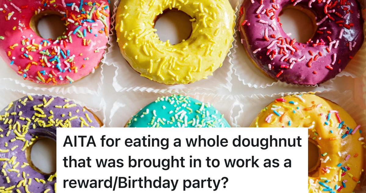 Employee Grabs A Whole Doughnut From The Office Treat Table, But When The Boss Starts Cutting Them In Half, They Wonder If They Took Too Much colorful donuts/doughnuts in a row in a box