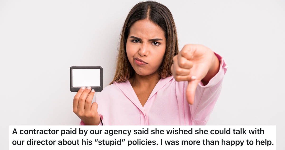 A Contractor Made A Big Deal About Having To Wear An ID Badge In A Building And She Got Scolded By The Agency Director woman giving a thumbs down