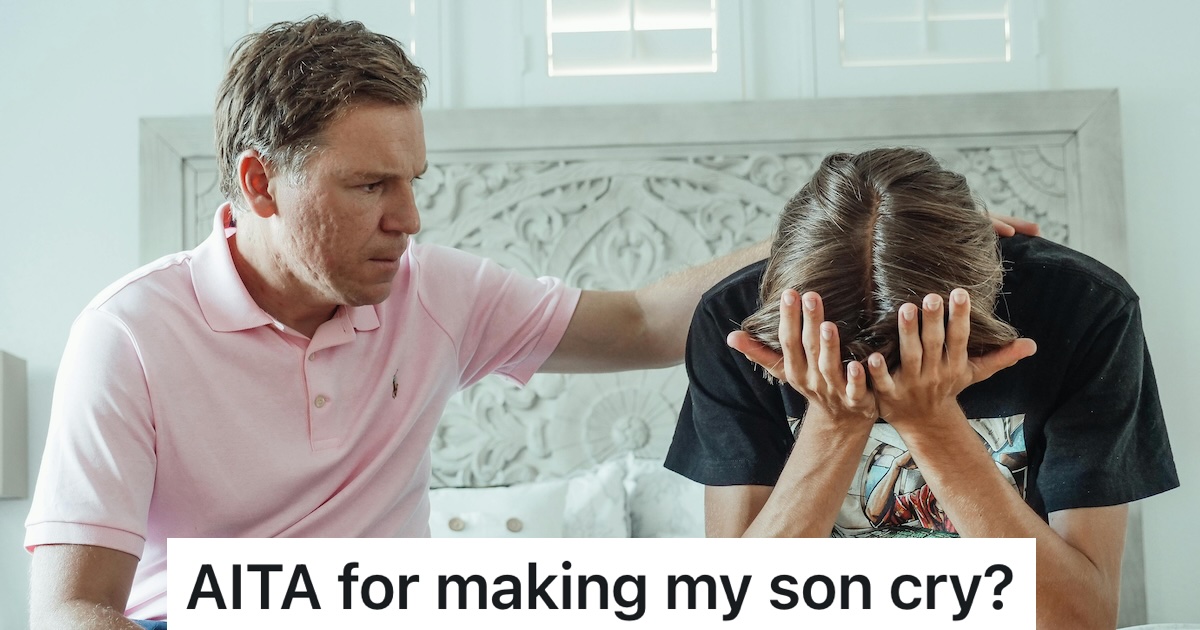 father trying to console his sad teen son