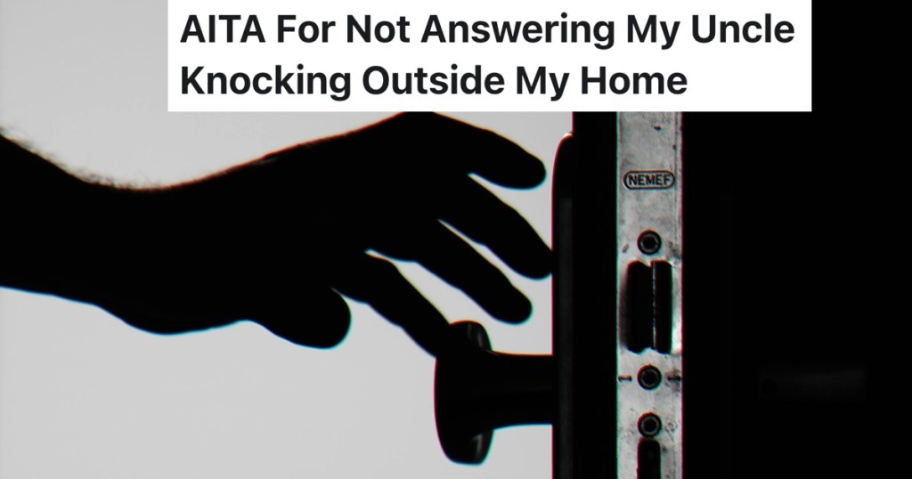 person about to open the front door, black and white