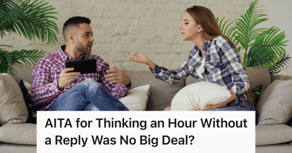 man and woman arguing on the couch