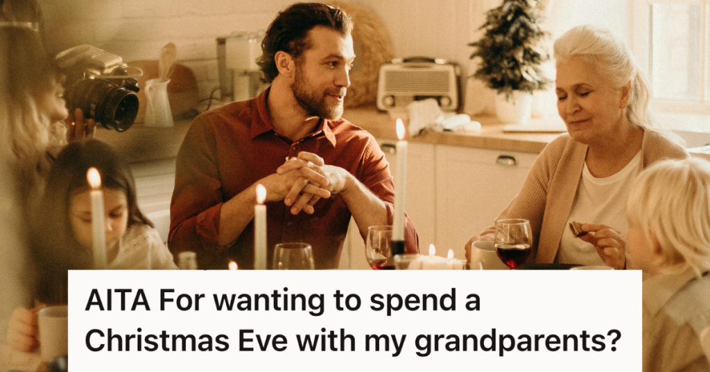man talking to his grandma at christmas