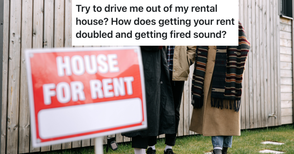 for rent sign with people standing behind it.