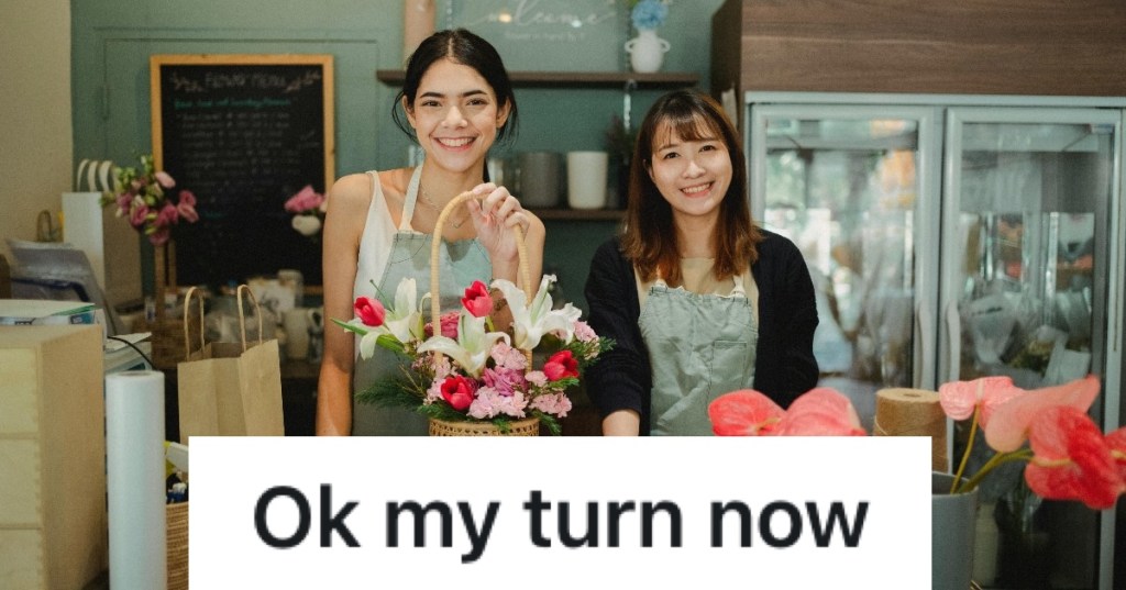 girls smiling and buying flowers