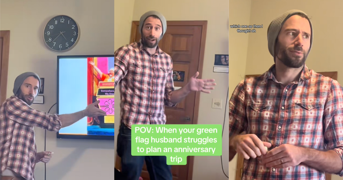 This is bringing so much joy to my heart. A Husband Let His Wife Pick Their Anniversary Vacation Like Contestants on The Price is Right. man talking to his wife