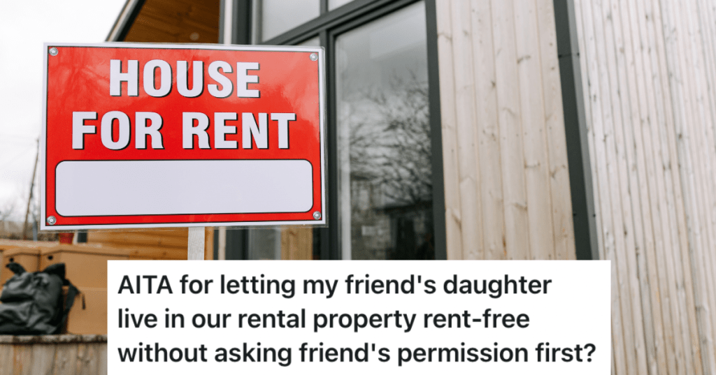 a red sign that says "house for rent" in front of building.