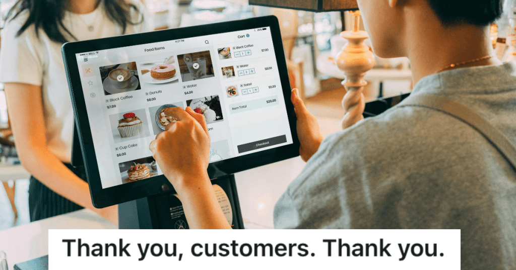 person using touchscreen cash register at a coffee shop.