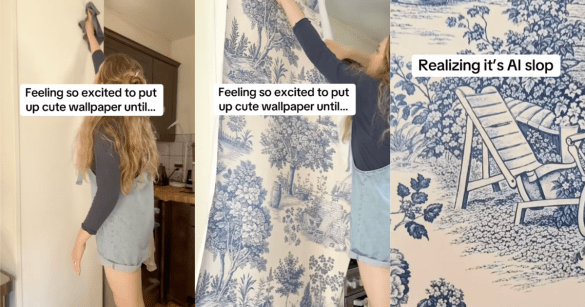 woman putting up wallpaper