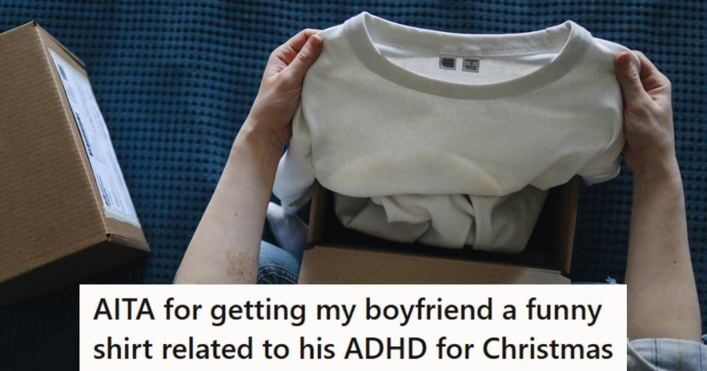 Man opening a gift from his girlfriend on Christmas