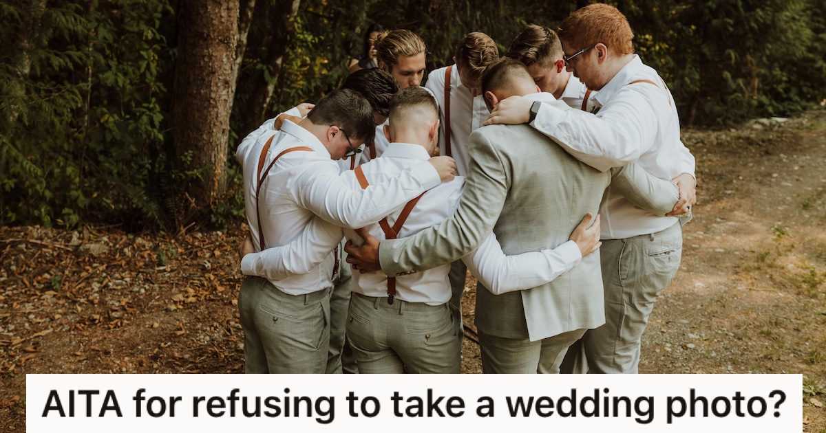 Wedding Photographer Was Done Taking Groomsmen Photos, But Then They Wanted To Take A Funny Photo And Called His Professionalism Into Question Groomsmen in a group huddle