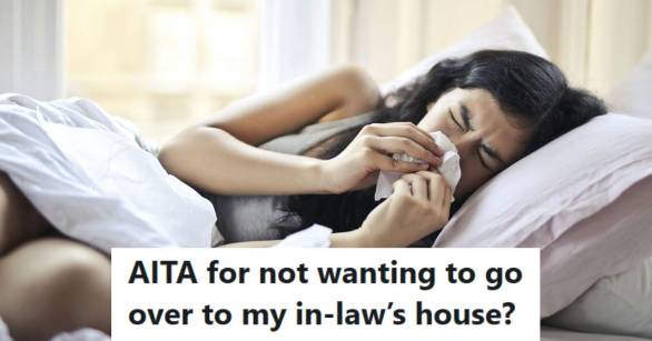 Woman laying in bed suffering from allergies after visiting in-laws.