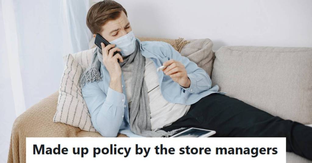 Sick man sitting on the couch, checking his temperature as he calls into work