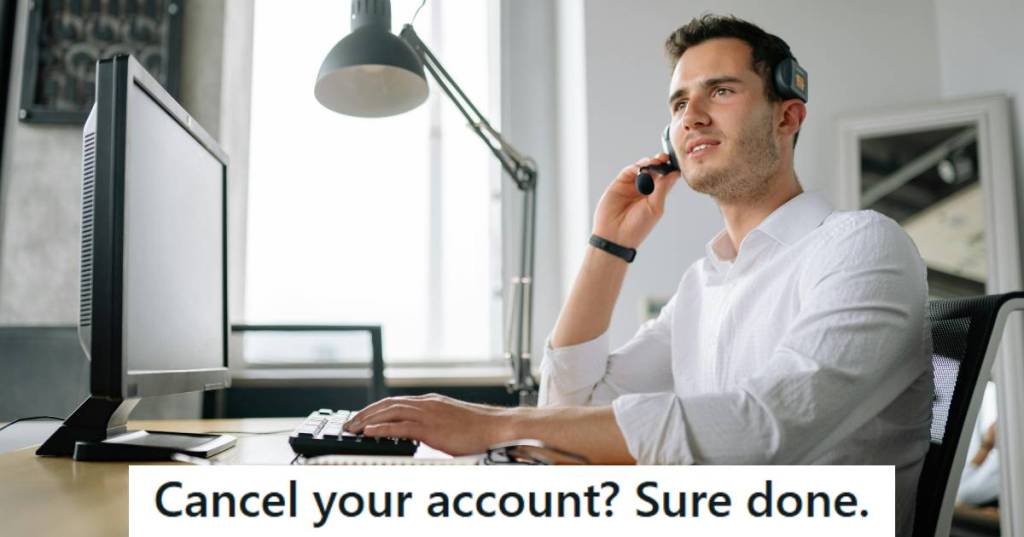 Man working at the call center helping customers cancel their accounts