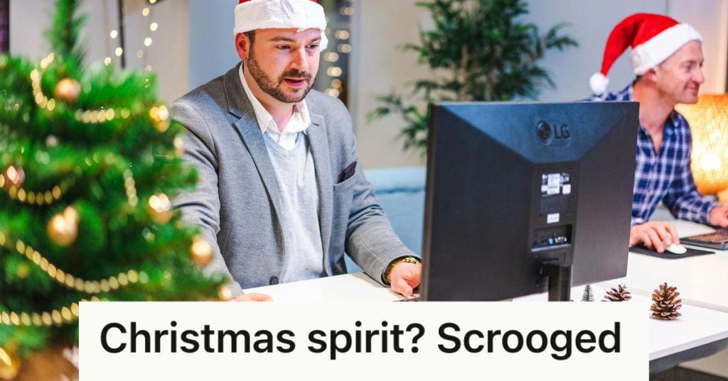 Men in Santa hats working in an office