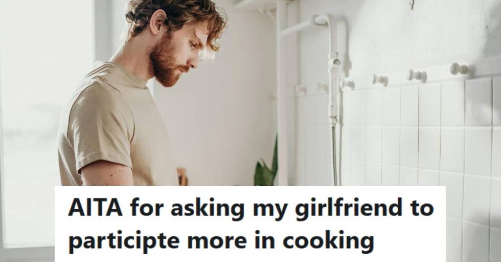 Man in the kitchen, cooking food for him and his girlfriend
