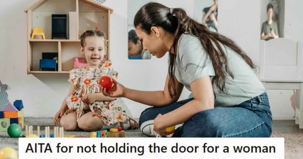 Daycare worker interacting with a small child on the floor