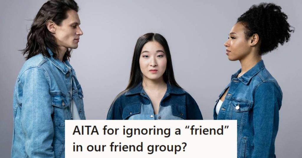 Woman standing in between two people with all three acting awkward