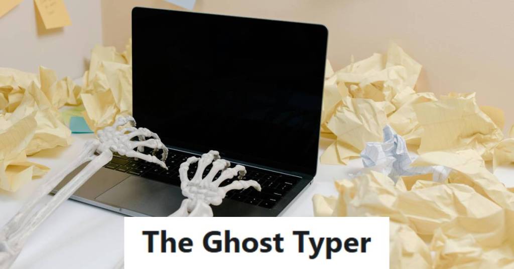 Skeleton sitting at a keyboard, pressing buttons