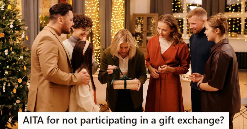 Wealthy family standing around during a gift exchange