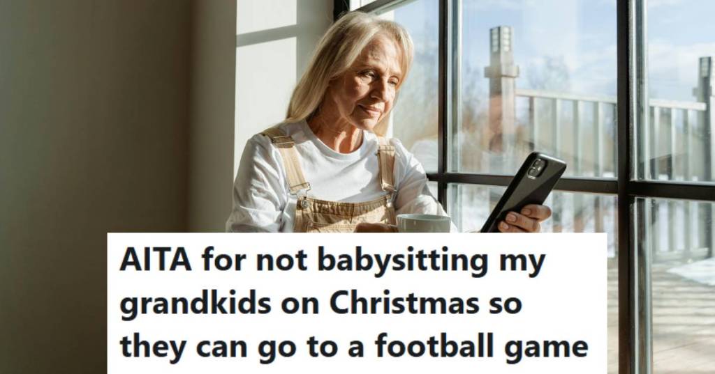 Grandma looking at her phone, not believing her son is acting like this