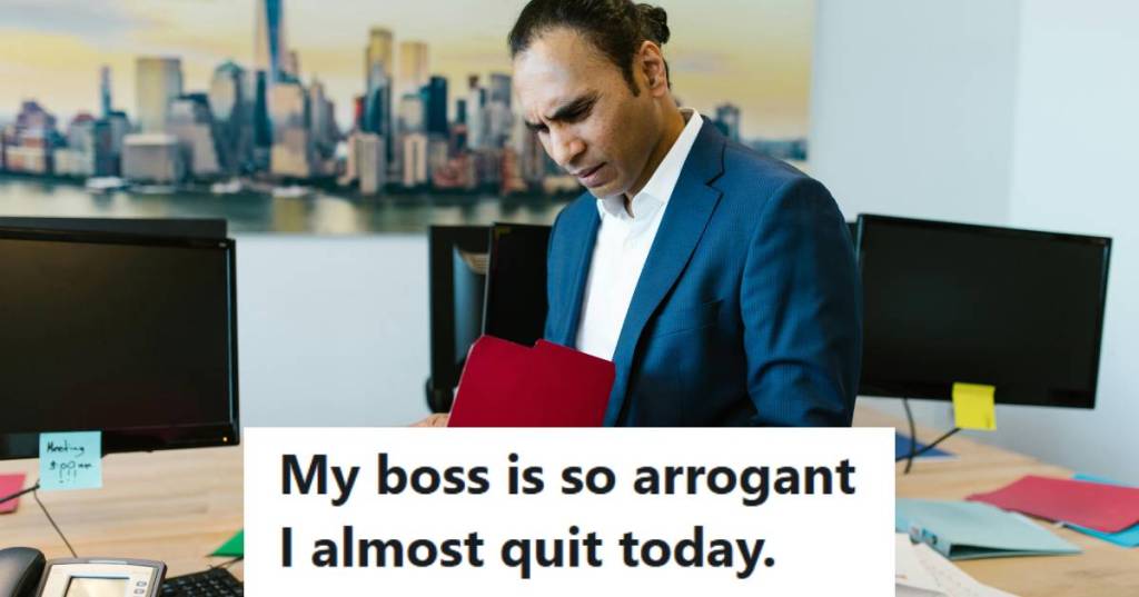 Sales employee sitting on the boss' desk as he goes through past sales numbers