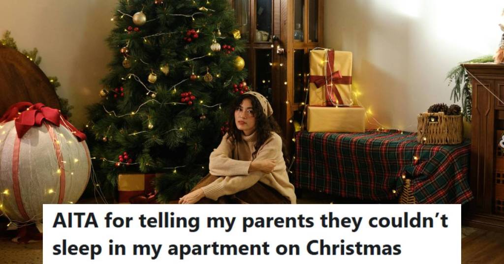 Woman sitting on the floor by the Christmas tree wondering if she was wrong