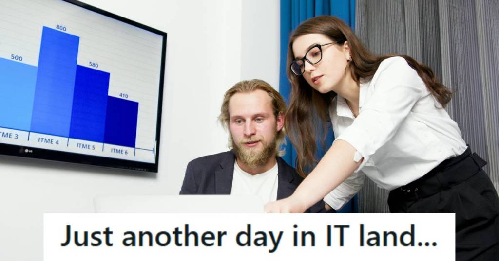 Woman explaining her computer problem to the IT guy