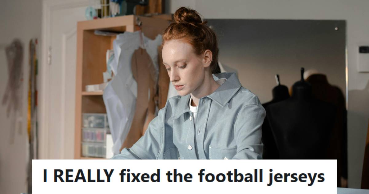 Woman using a sewing machine to fix some jerseys for a coach