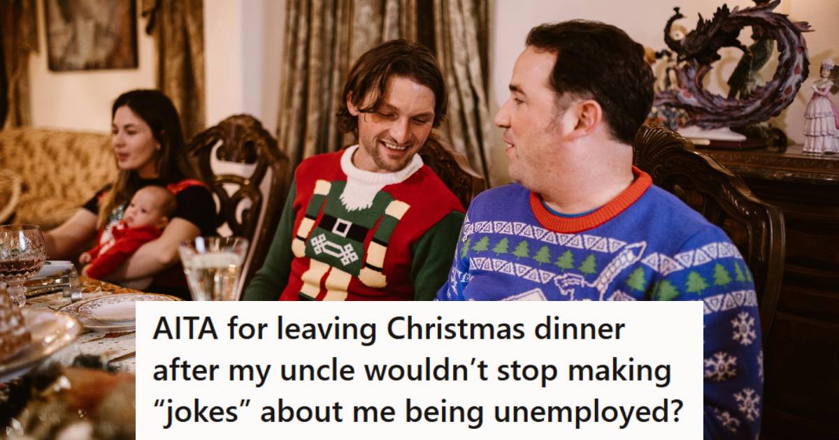 Man wearing a Christmas sweater at dinner, telling his uncle to chill