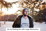 Employee Was Trying To Help A Customer Get A TV To Their Car, But The Parking Lot Was Icy. So They Decided To Get Creative And Row The Whole Way In A Shopping Cart.