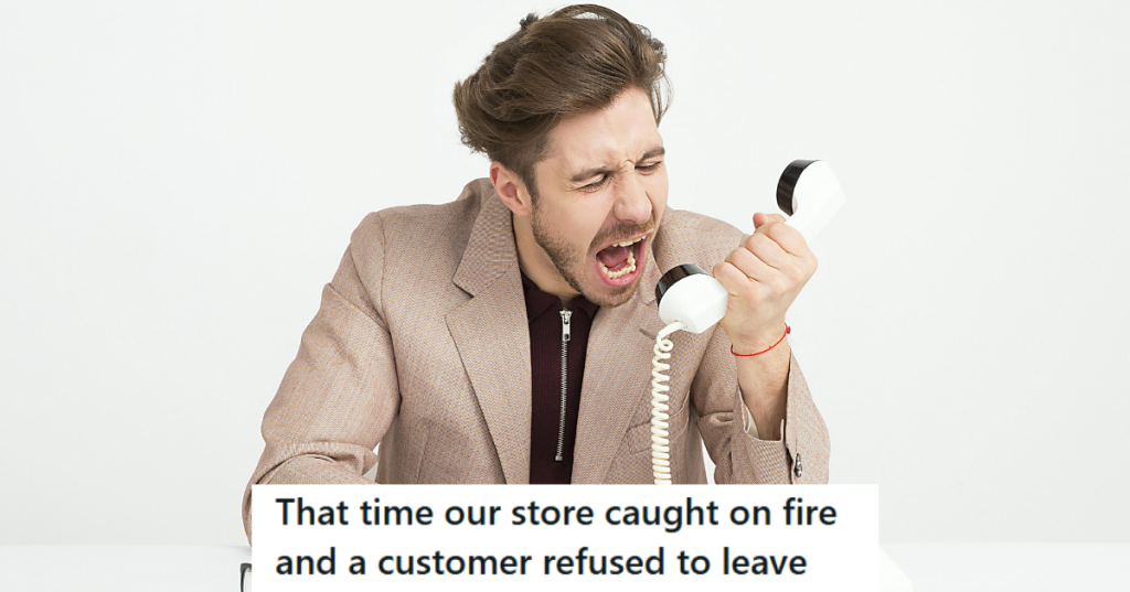 Man in brown coat yelling on phone