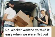 Employee Gets Fed Up Watching Coworker Slack Off During A Busy Shift, So She Volunteered Him For A Heavy Delivery And Watched Him Get Soaked In The Rain