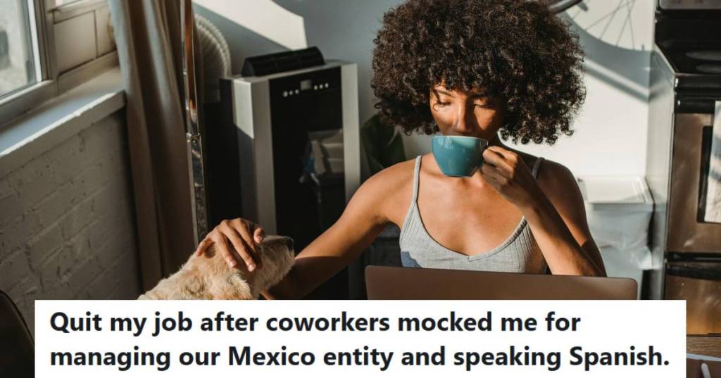 Woman sipping her coffee and petting her dog after quitting a toxic job